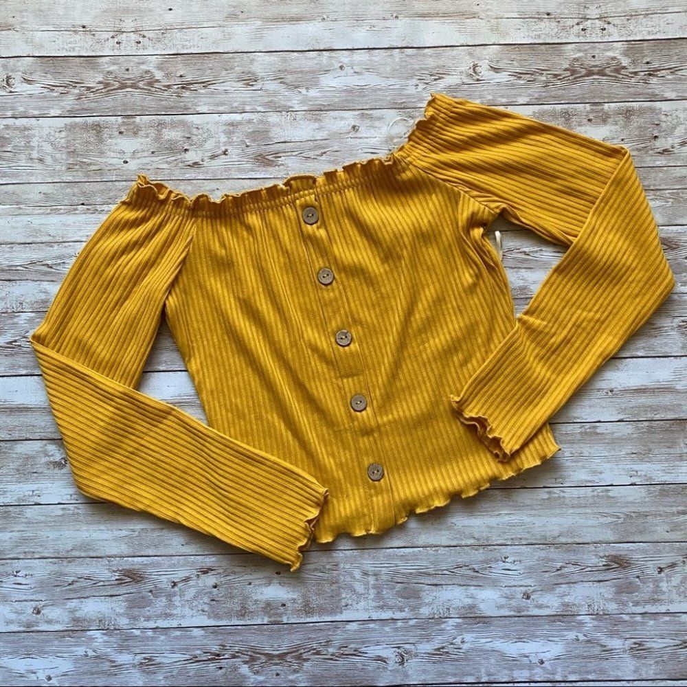 Iris Golden Yellow Lettuce Edge Off the Shoulder Long Sleeve Top Size S NWT